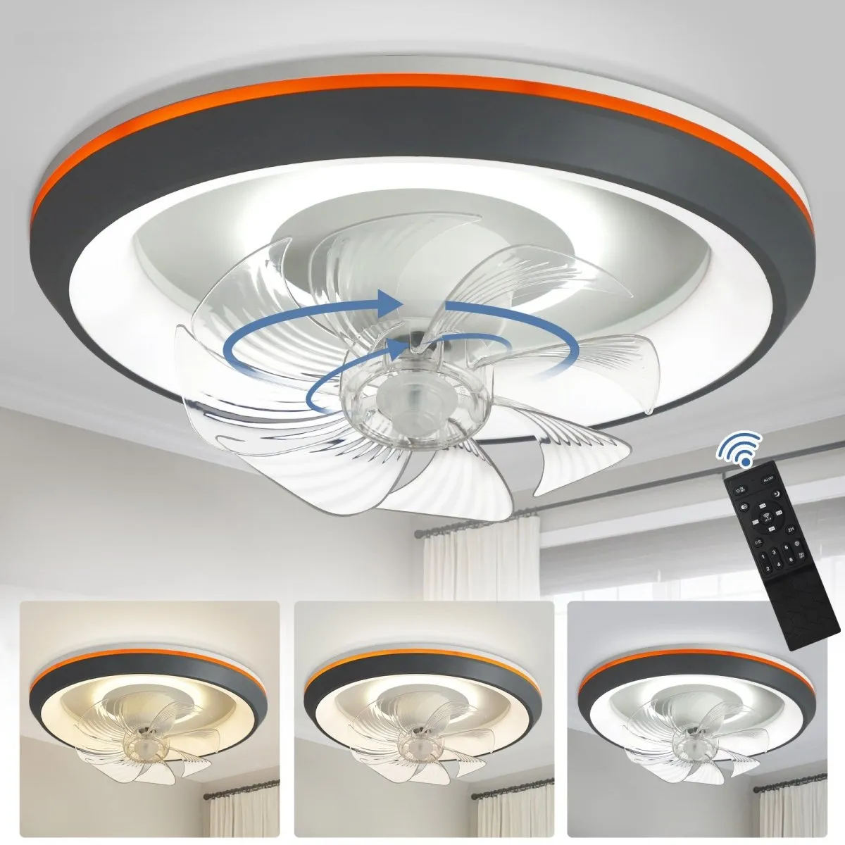 DLLT Modern Ceiling Fans with Lights, 360-Degree Rotation Low Profile Ceiling Fans with Lights and Remote, Dimmable LED Reversible Timing, 3 Colors 6 Speeds Bladeless for Bedroom, Kitchen, 19’’, Grey, UFO