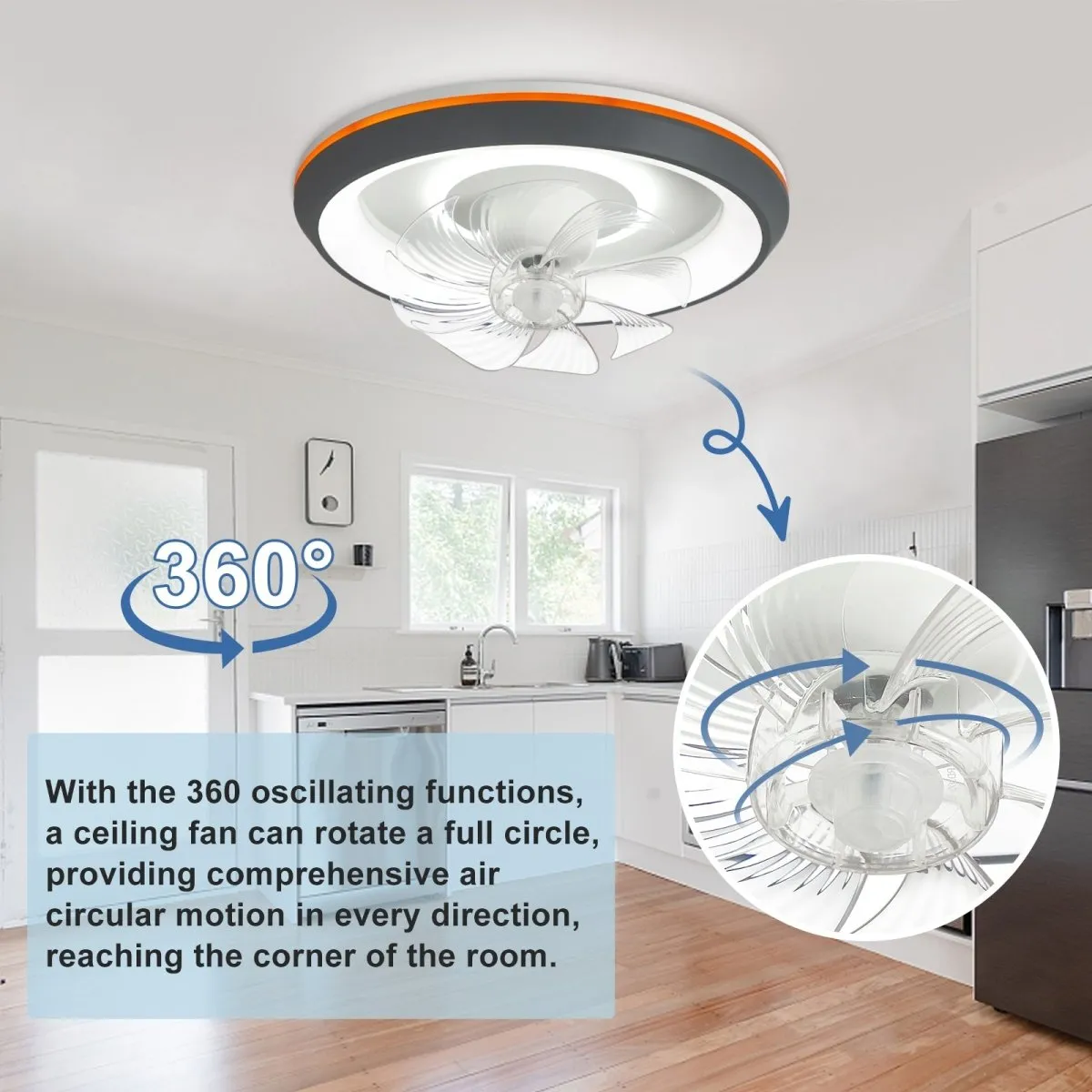 DLLT Modern Ceiling Fans with Lights, 360-Degree Rotation Low Profile Ceiling Fans with Lights and Remote, Dimmable LED Reversible Timing, 3 Colors 6 Speeds Bladeless for Bedroom, Kitchen, 19’’, Grey, UFO
