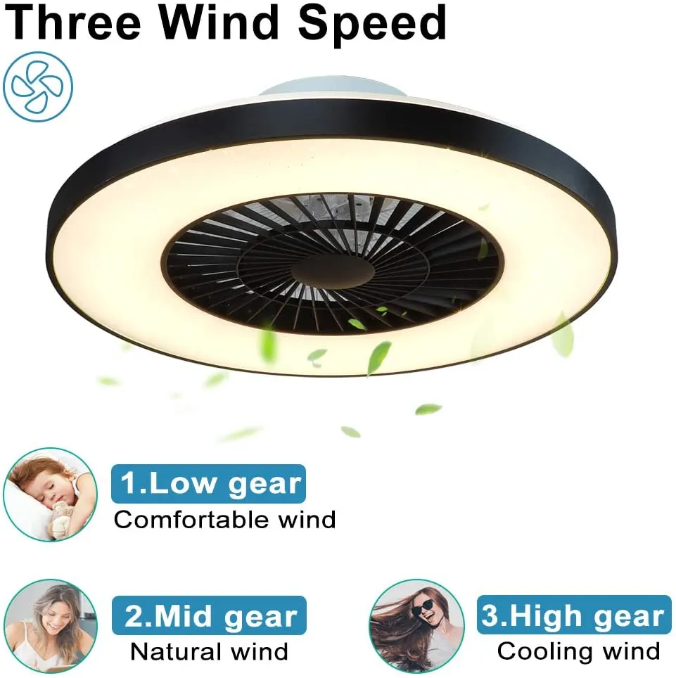 DLLT Modern Ceiling Fans with Lights, 40W LED Dimmable with Remote, 7 Invisible Blades Semi Flush Mount Ceiling Fan Light, 3-Speed Indoor Low Profile Ceiling Fan, 3000K-6500K Timing