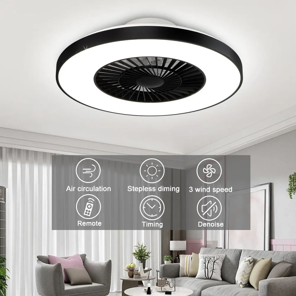 DLLT Modern Ceiling Fans with Lights, 40W LED Dimmable with Remote, 7 Invisible Blades Semi Flush Mount Ceiling Fan Light, 3-Speed Indoor Low Profile Ceiling Fan, 3000K-6500K Timing