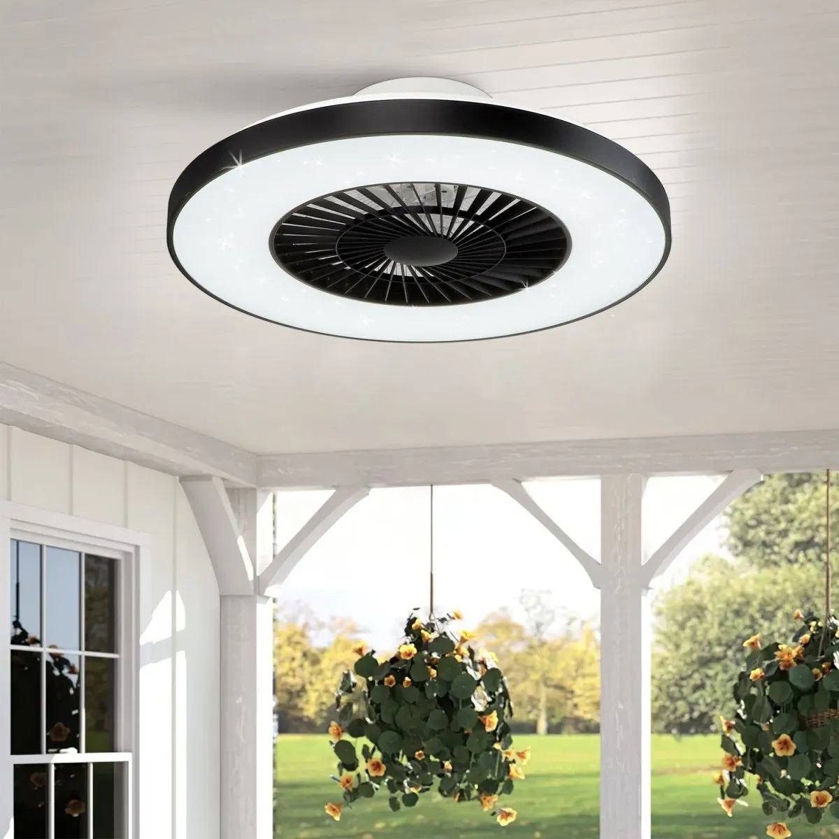 DLLT Modern Ceiling Fans with Lights, 40W LED Dimmable with Remote, 7 Invisible Blades Semi Flush Mount Ceiling Fan Light, 3-Speed Indoor Low Profile Ceiling Fan, 3000K-6500K Timing
