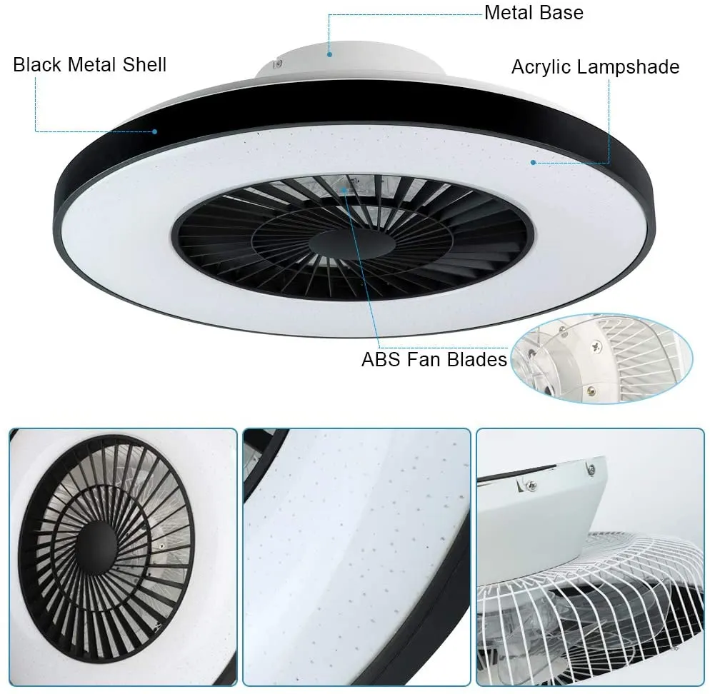 DLLT Modern Ceiling Fans with Lights, 40W LED Dimmable with Remote, 7 Invisible Blades Semi Flush Mount Ceiling Fan Light, 3-Speed Indoor Low Profile Ceiling Fan, 3000K-6500K Timing