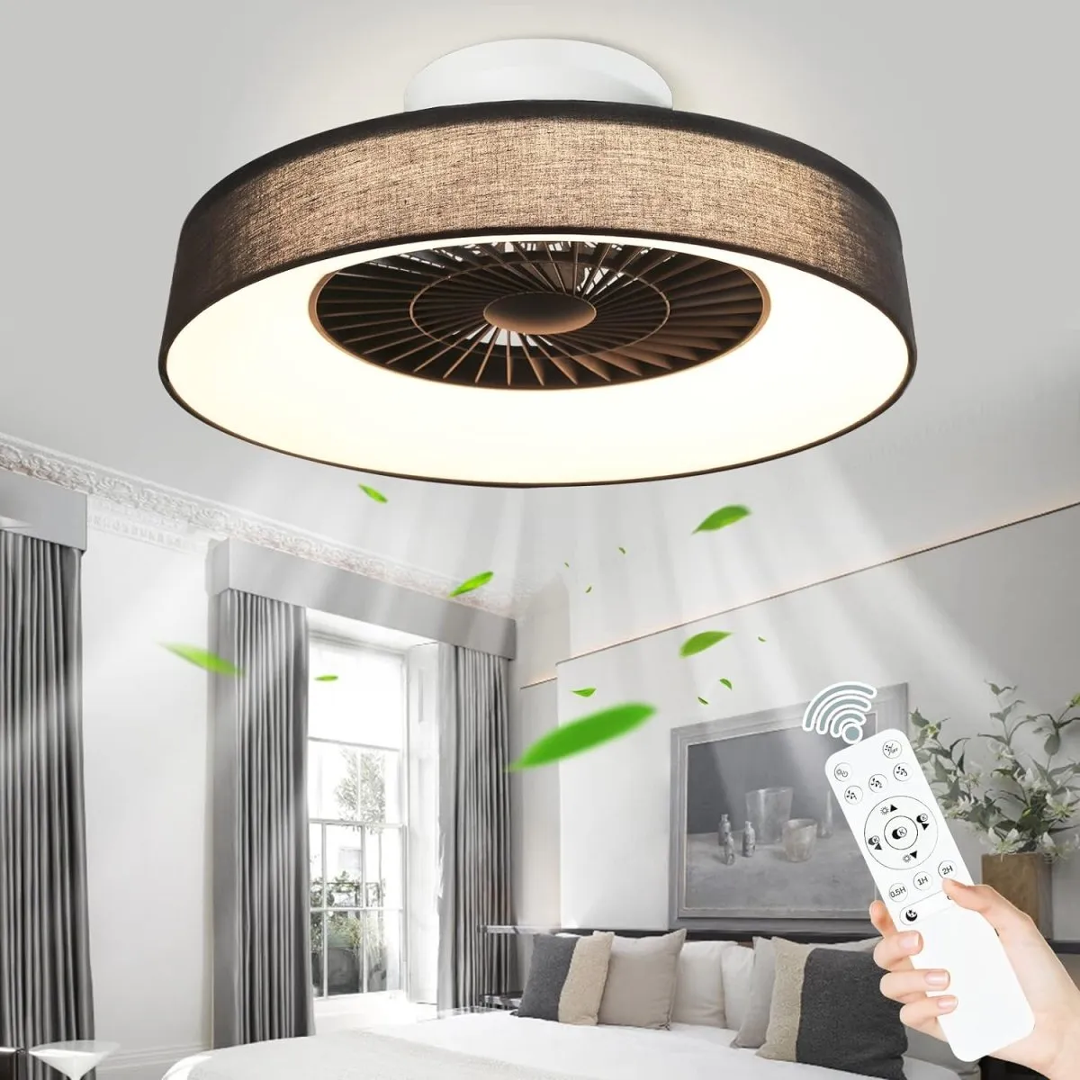 DLLT Modern Flush Mount Ceiling Fan with Lights- 22.5'' Dimmable Low Profile Indoor Ceiling Fans with Remote Control, Smart 3 Light Color Change and Timing for Bedroom Living Room Kitchen, Black