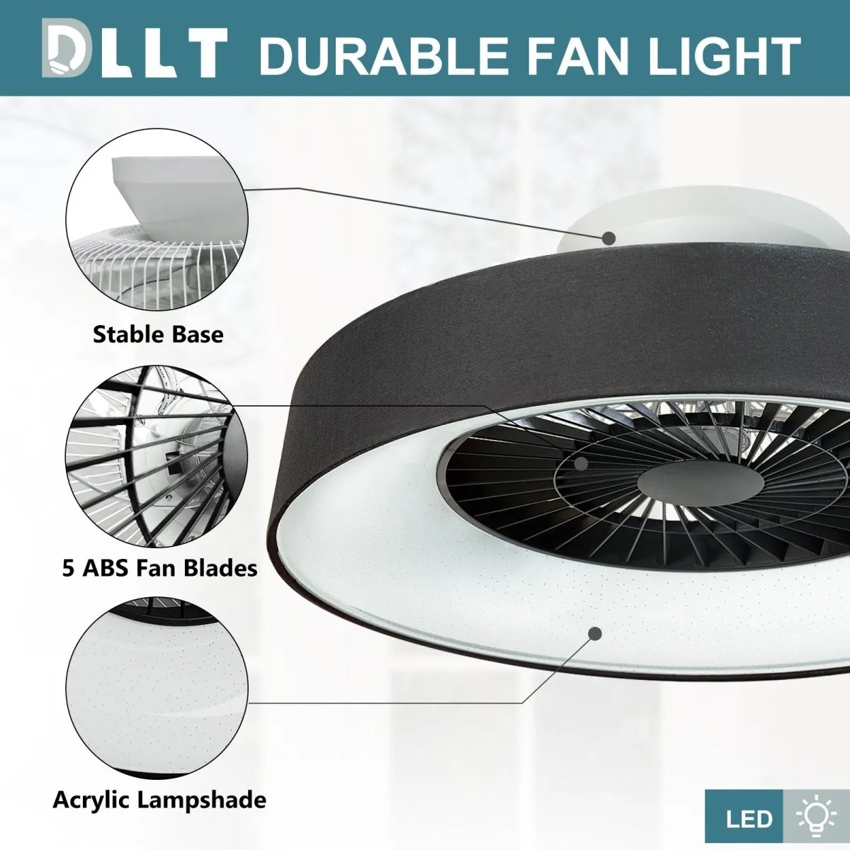 DLLT Modern Flush Mount Ceiling Fan with Lights- 22.5'' Dimmable Low Profile Indoor Ceiling Fans with Remote Control, Smart 3 Light Color Change and Timing for Bedroom Living Room Kitchen, Black