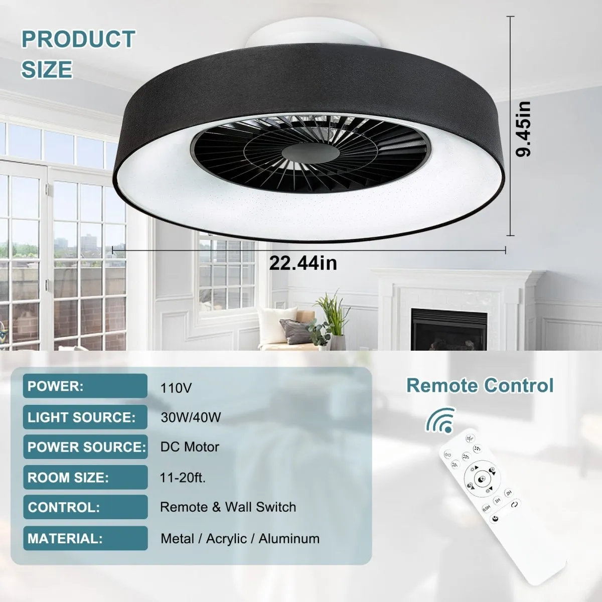 DLLT Modern Flush Mount Ceiling Fan with Lights- 22.5'' Dimmable Low Profile Indoor Ceiling Fans with Remote Control, Smart 3 Light Color Change and Timing for Bedroom Living Room Kitchen, Black