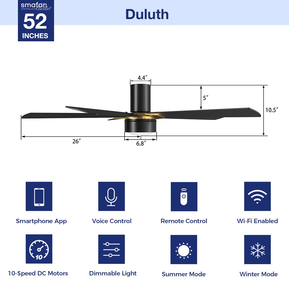 Duluth Outdoor Flush Mount Smart Ceiling Fan with LED Light Remote 52"