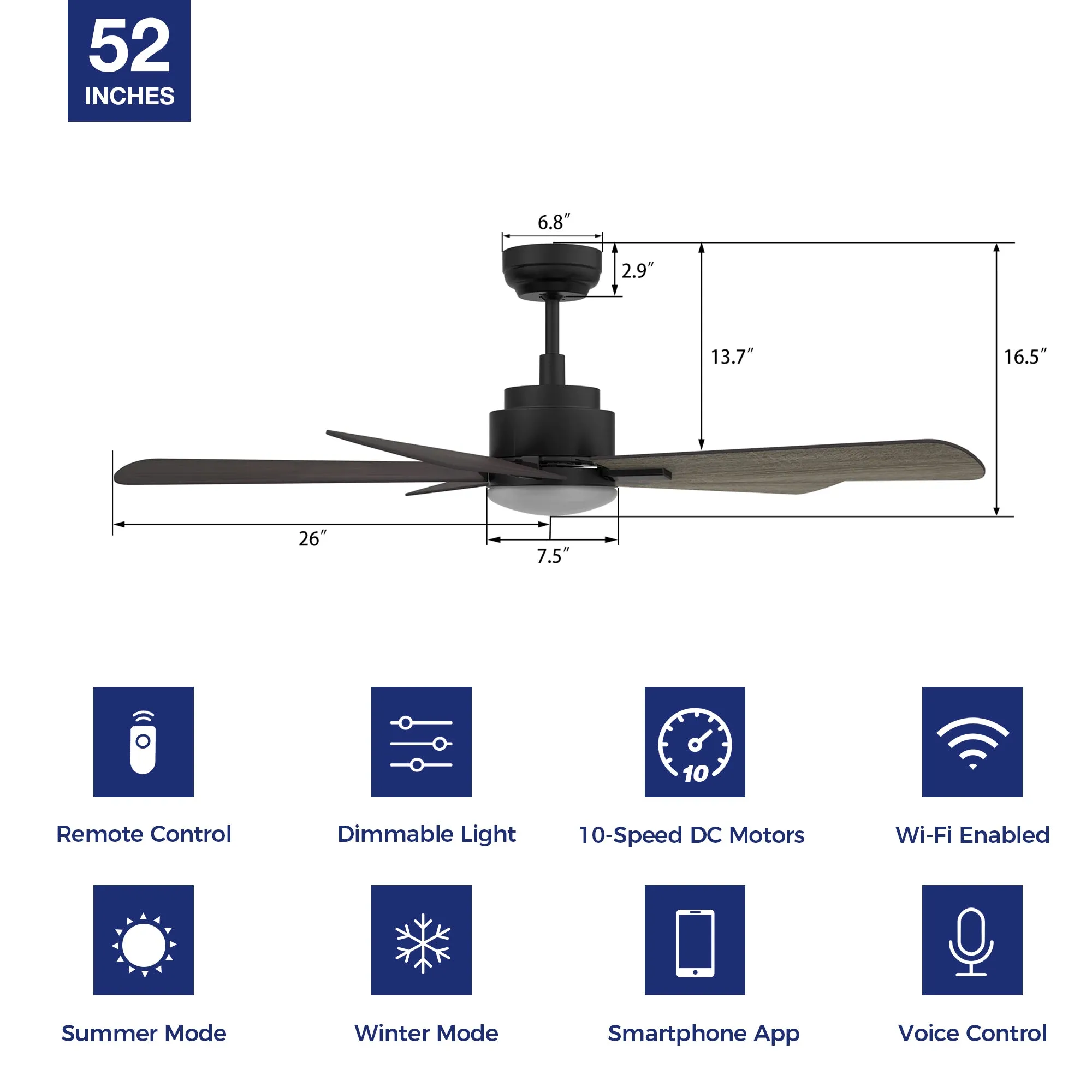 Elgin Outdoor Ceiling Fan with Dimmable LED Light Remote-Smart 52"