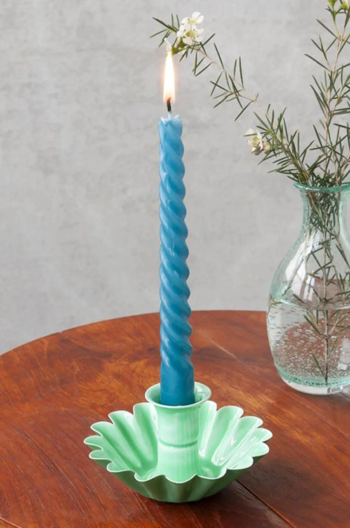 Enamel Cupped Flower Candle Holder Green