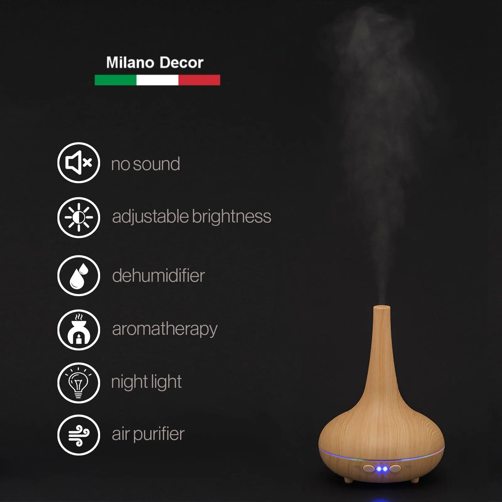 Essential Oil Diffuser Ultrasonic Humidifier Aromatherapy LED Light 200ML 3 Oils 15 x 15 x 20cm Light Wood Grain