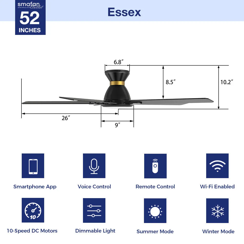 Essex Smart Low Profile Ceiling Fan with LED Light Outdoor/Indoor 52”