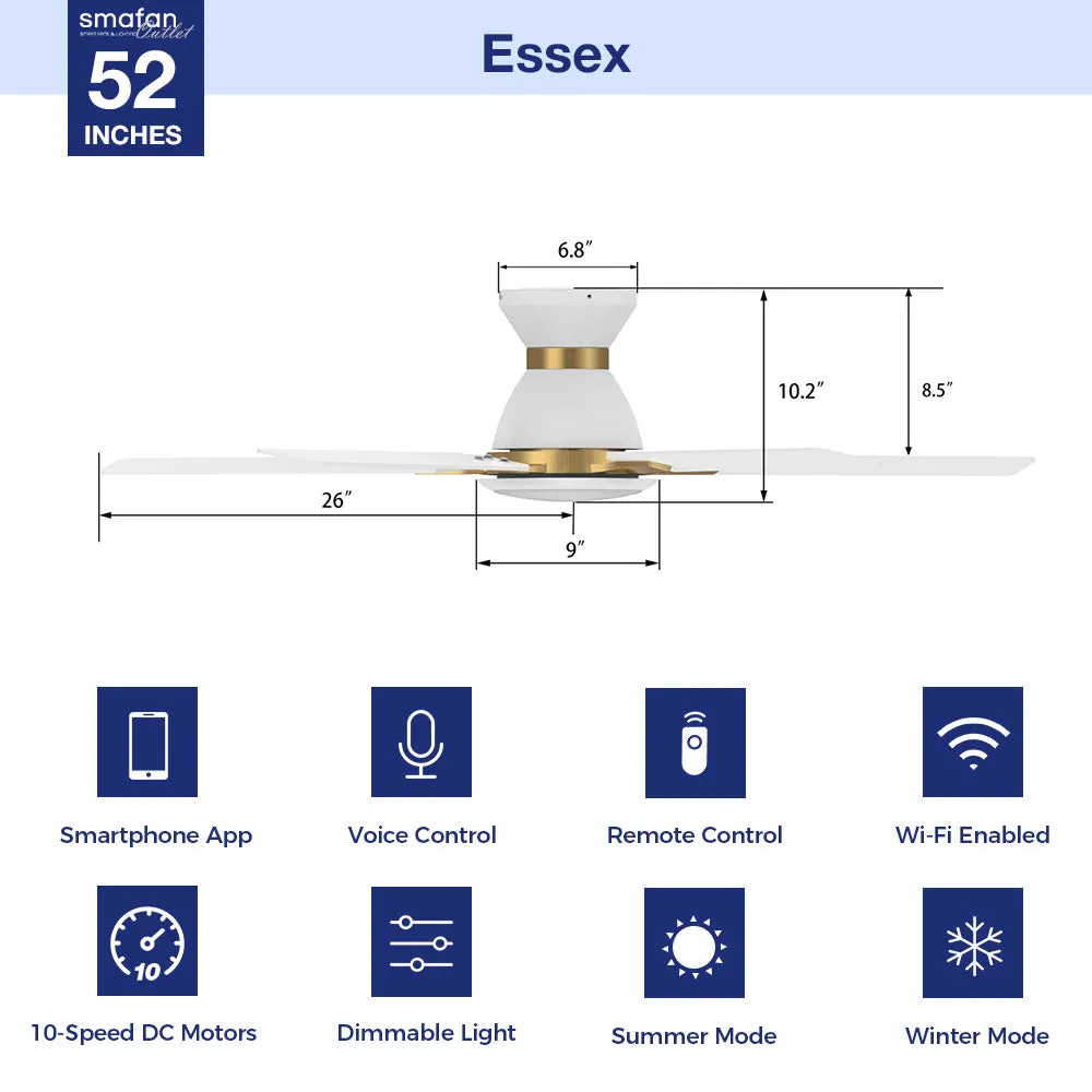 Essex Smart Low Profile Ceiling Fan with LED Light Outdoor/Indoor 52”