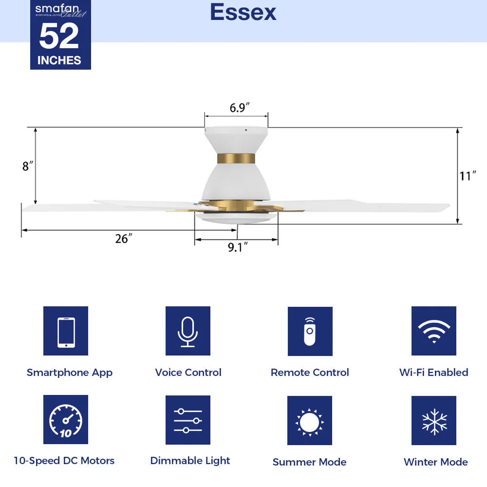 Essex Smart Low Profile Ceiling Fan with LED Light Outdoor/Indoor 52”