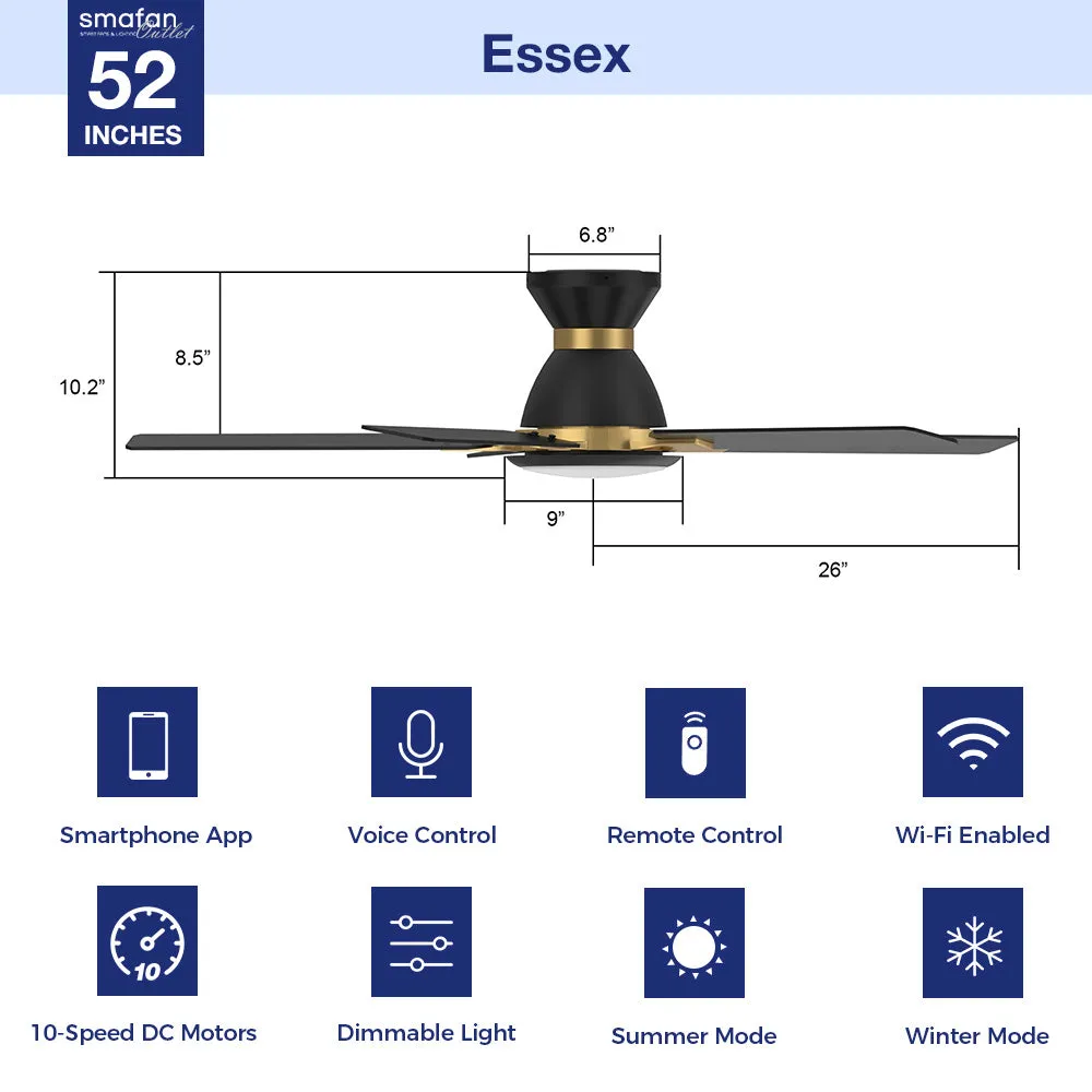 Essex Smart Low Profile Ceiling Fan with LED Light Outdoor/Indoor 52”