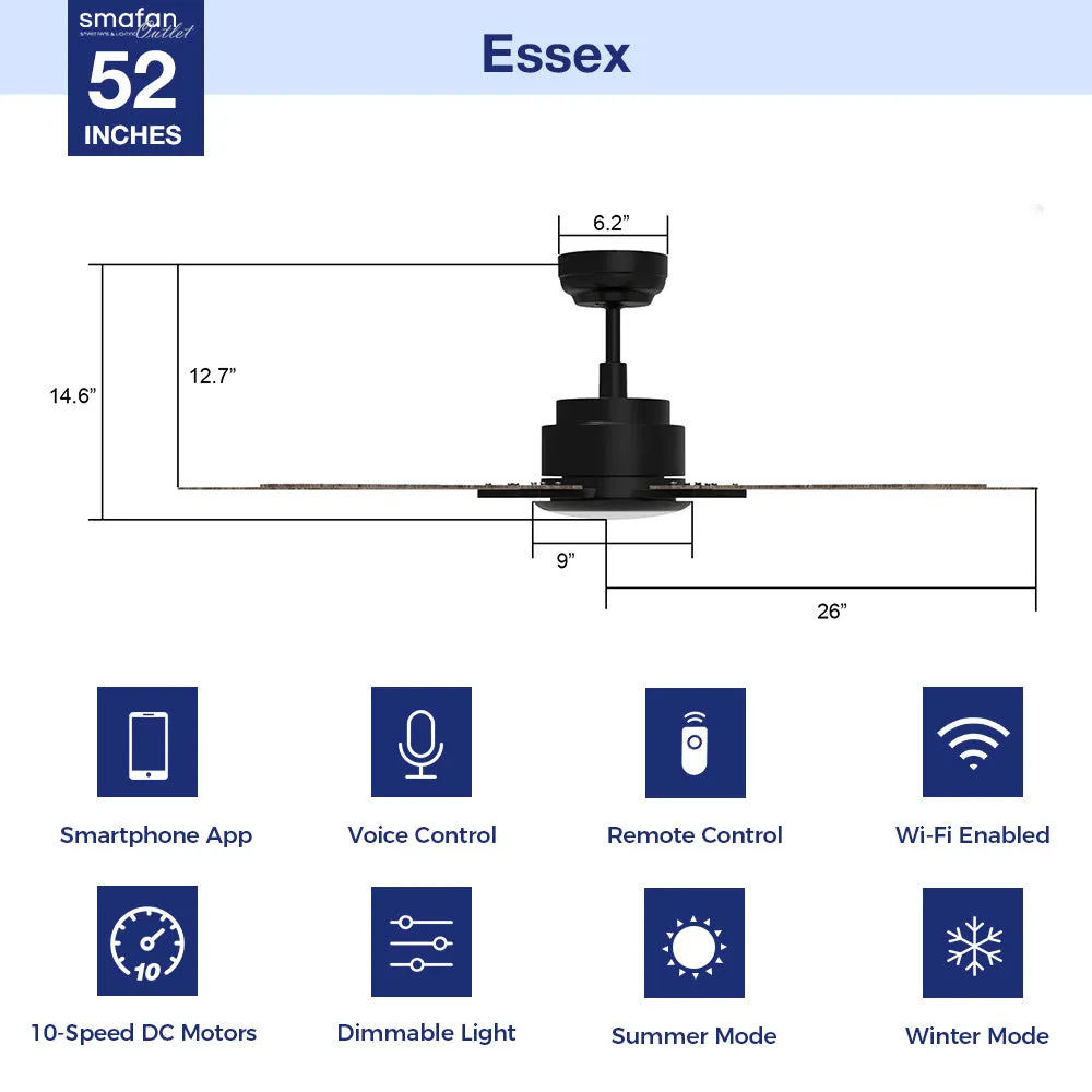 Essex Smart Outdoor Ceiling Fan with Dimmable LED Light Remote 52 Inch