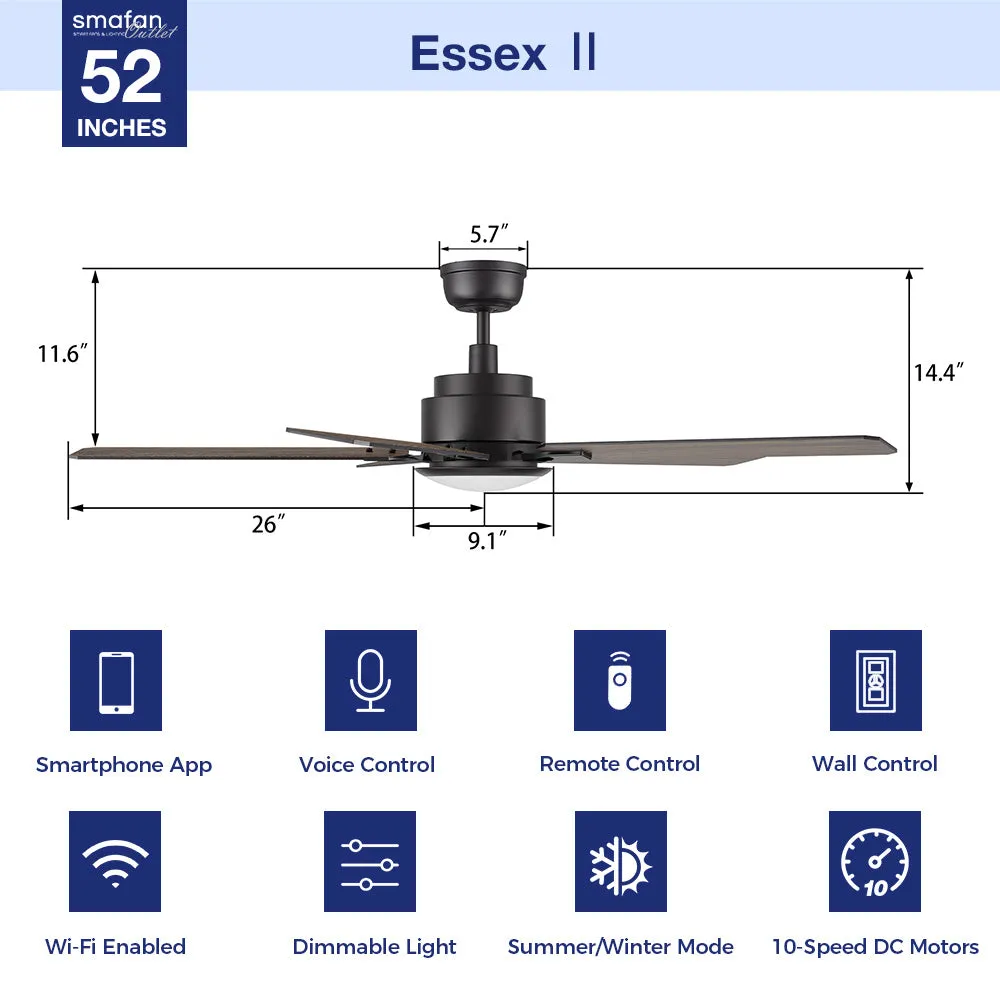 Essex Ⅱ Smart Outdoor Ceiling Fan with Dimmable LED Light Remote 52 Inch