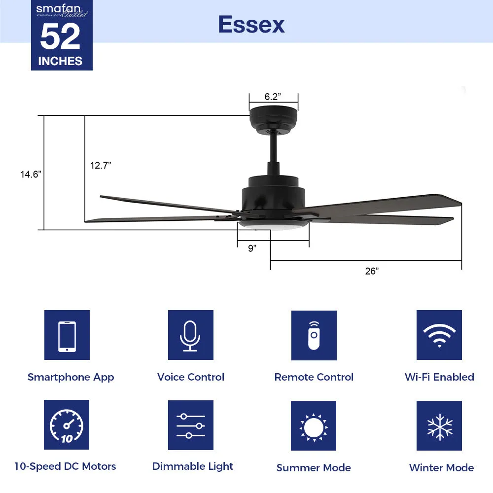 Essex Smart Outdoor Ceiling Fan with Dimmable LED Light Remote 52 Inch