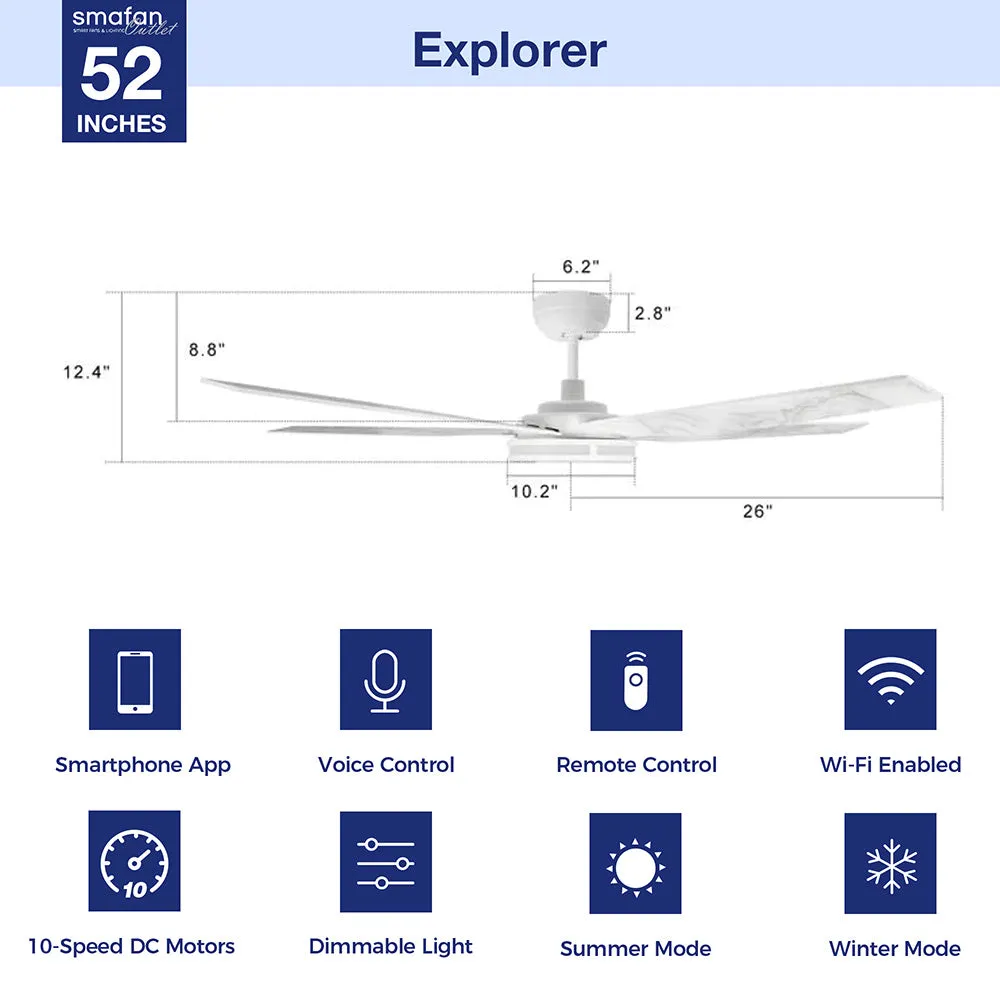 Explorer Smart Fan with LED Light and Remote Outdoor/Indoor 52 inch