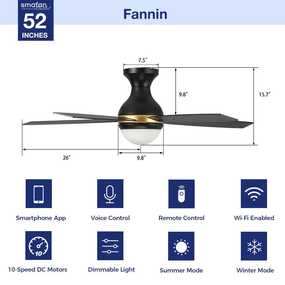 Fannin Flush Mount Smart Ceiling Fan with LED Light and remote 52 inch