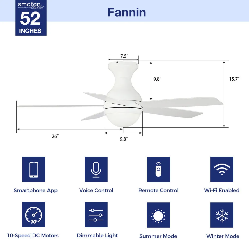 Fannin Flush Mount Smart Ceiling Fan with LED Light and remote 52 inch