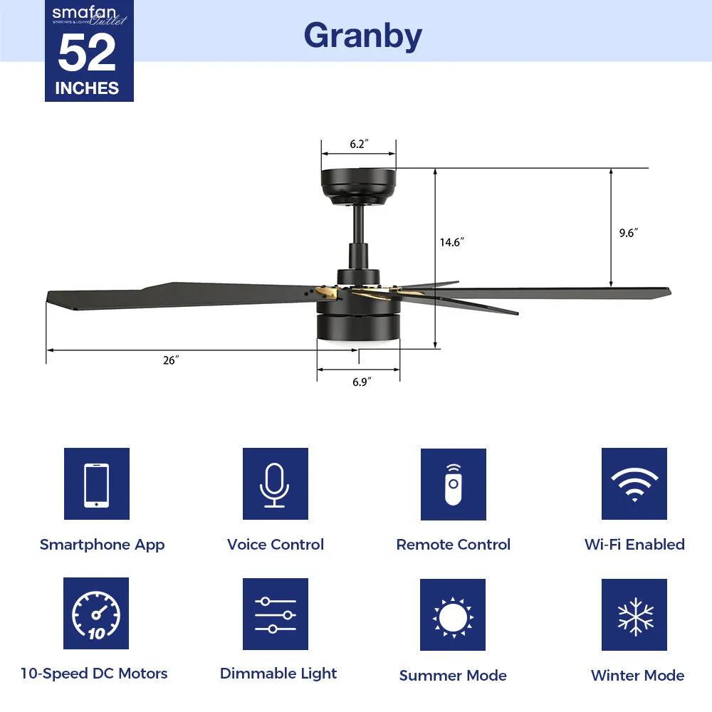 Granby Smart Ceiling Fan with LED Light and Remote Outdoor/Indoor 52"