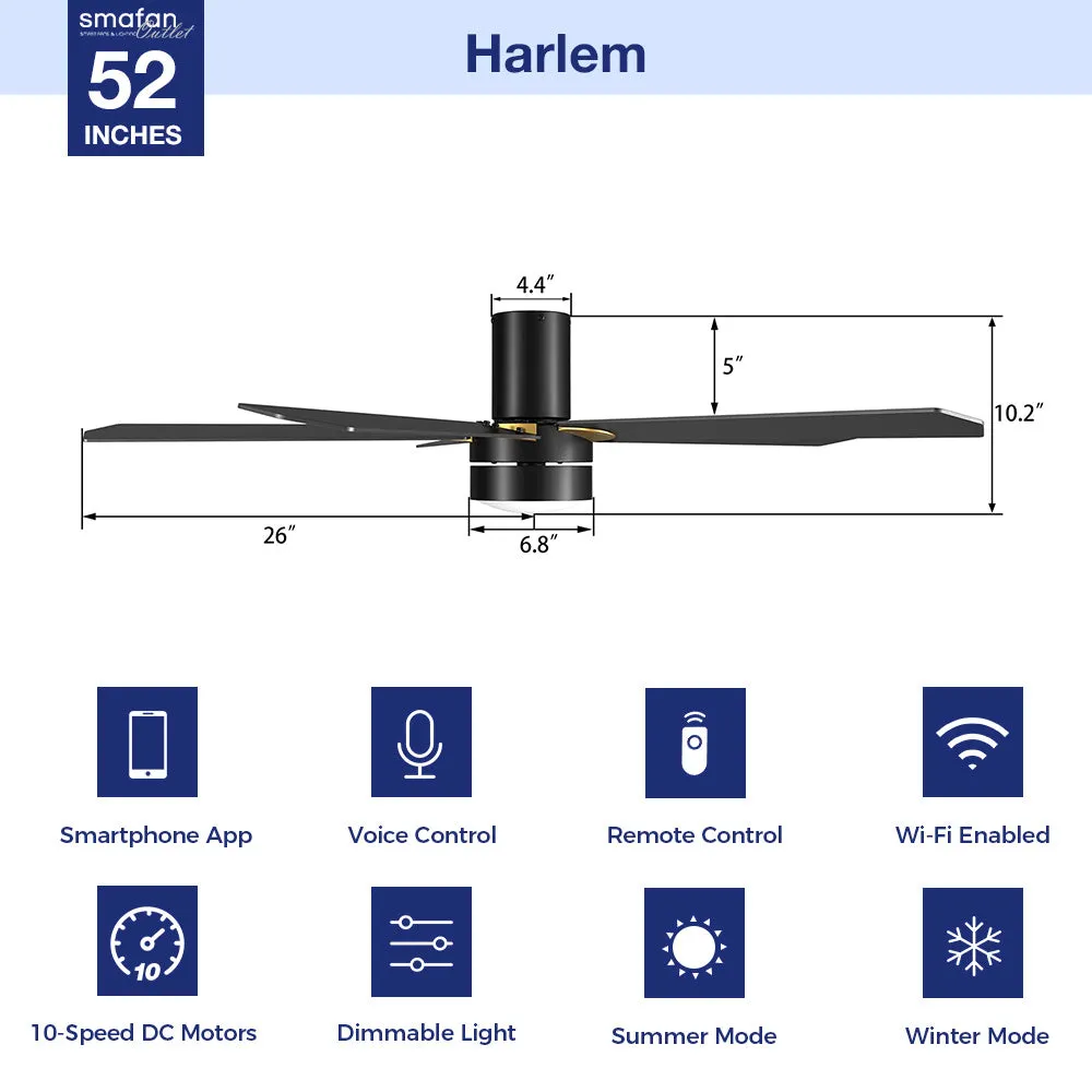 Harlem Low Profile Smart Ceiling Fan with LED Light Outdoor/indoor 52"