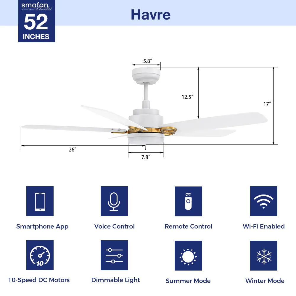 Havre Outdoor Ceiling Fan with Dimmable LED Light Remote-Smart 52"
