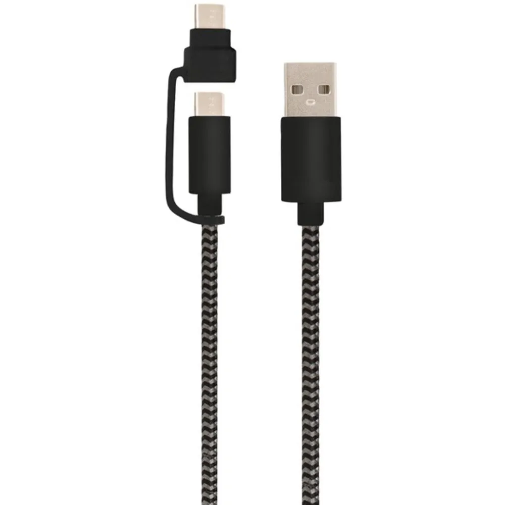 Helix ETHACMBLK USB-A to USB-C Cable with Micro USB Adapter, 5ft (Black)