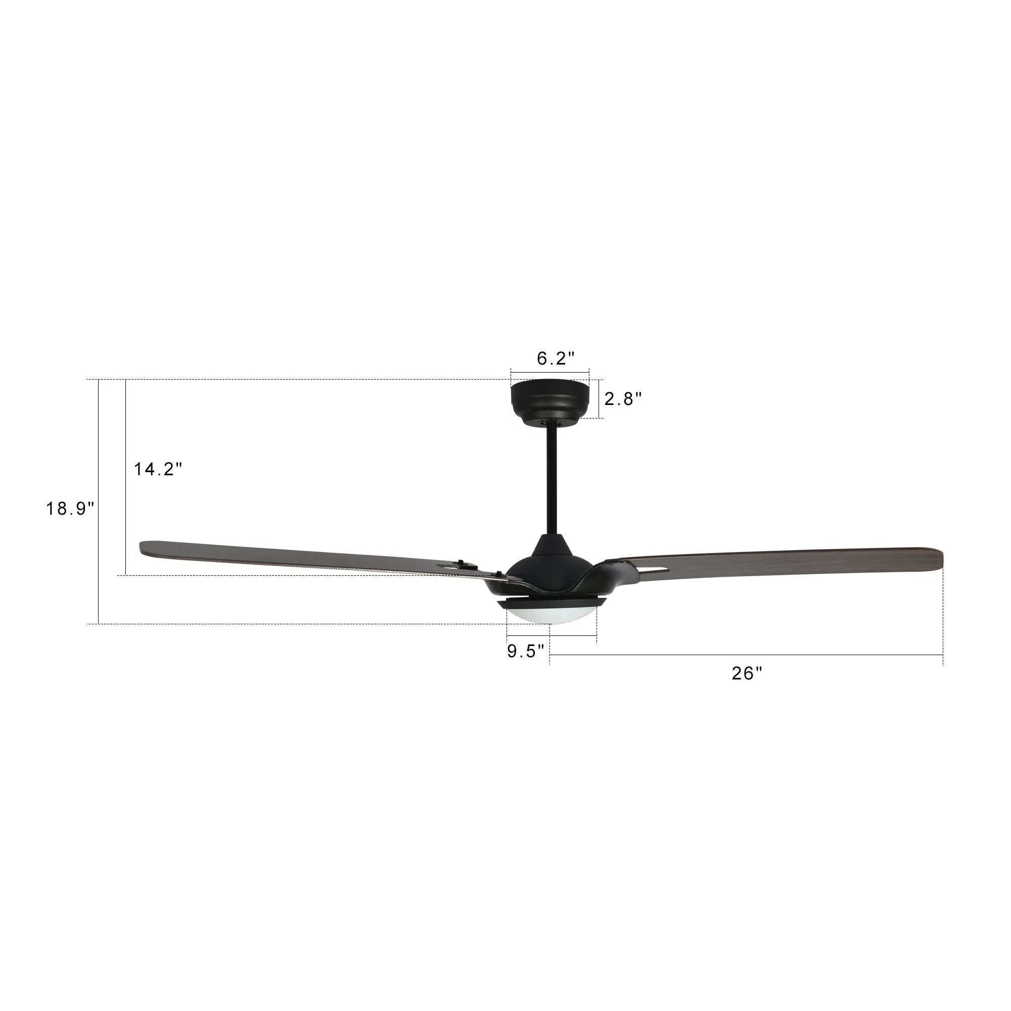 HOFFEN 52 inch 3-Blade Smart Ceiling Fan with LED Light Kit & Remote - Black/Dark Wood Pattern