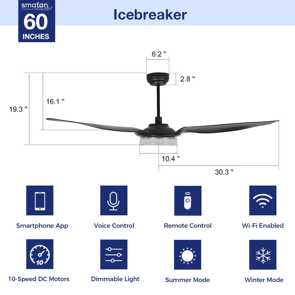 Icebreaker 60 inch Smart Ceiling Fan with LED Light and Remote- Set of 2