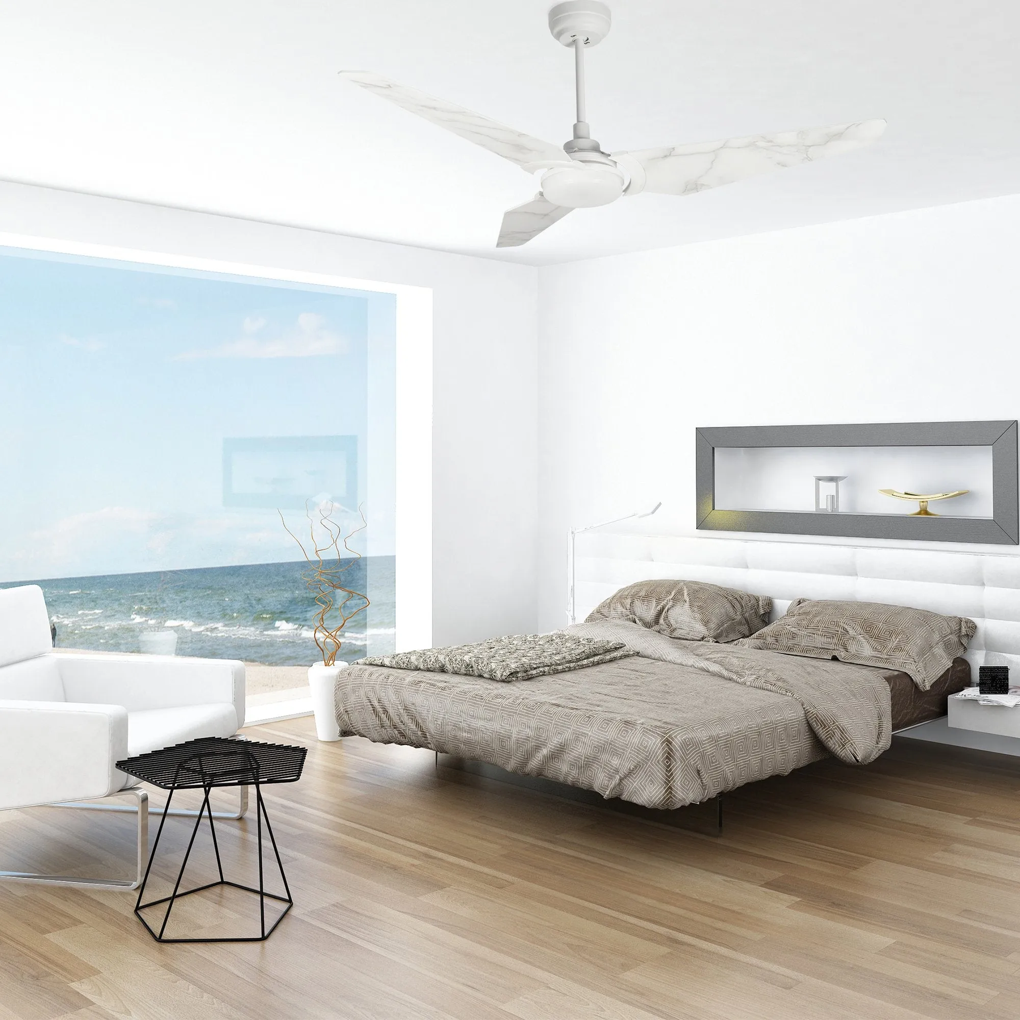 KAJ 52 inch 3-Blade Smart Ceiling Fan with LED Light Kit & Remote-White/Marble Pattern