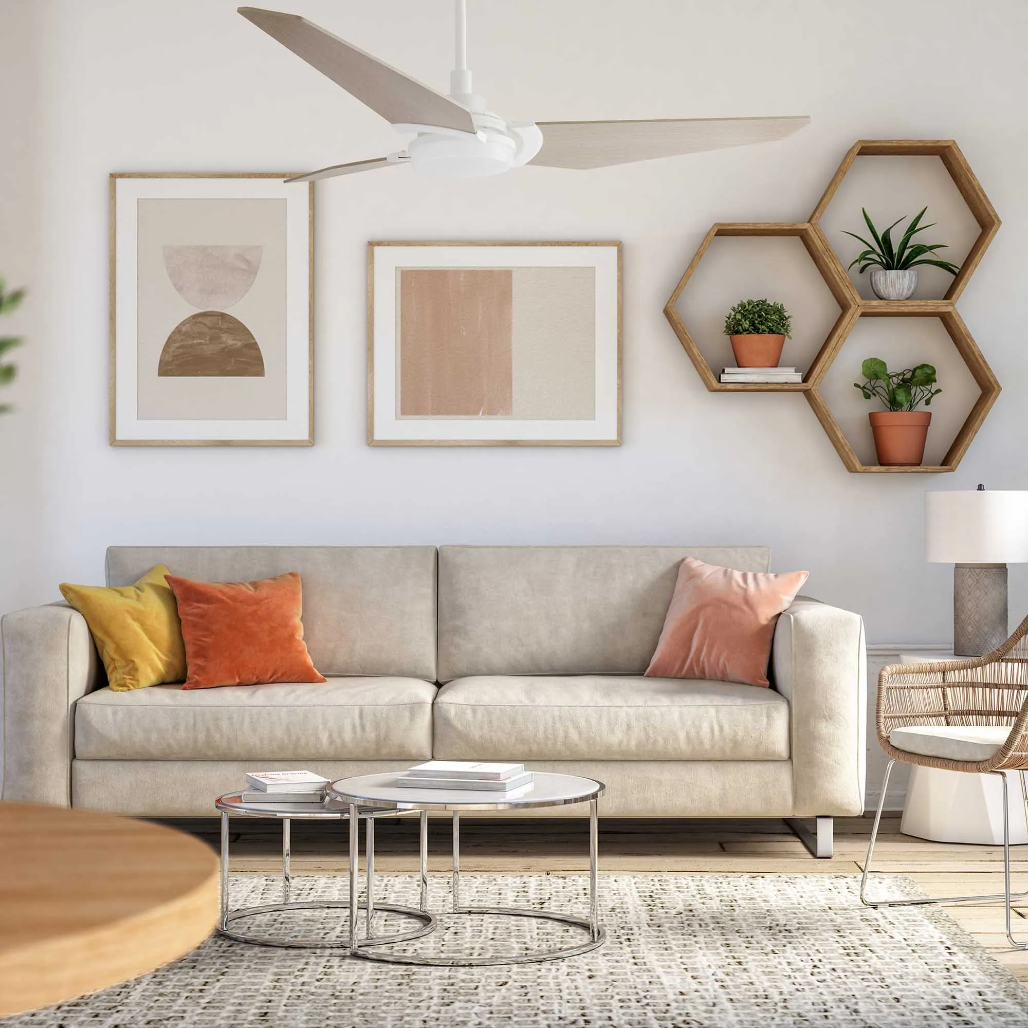 KAJ 56 inch 3-Blade Smart Ceiling Fan with LED Light Kit & Remote - White/Light Chestnut Wood