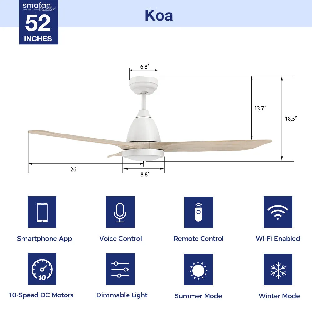 Koa Outdoor/Indoor Smart Ceiling Fan with LED Light and Remote 52”
