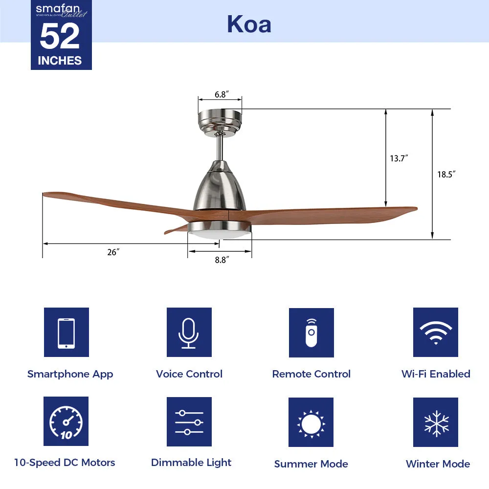 Koa Outdoor/Indoor Smart Ceiling Fan with LED Light and Remote 52”