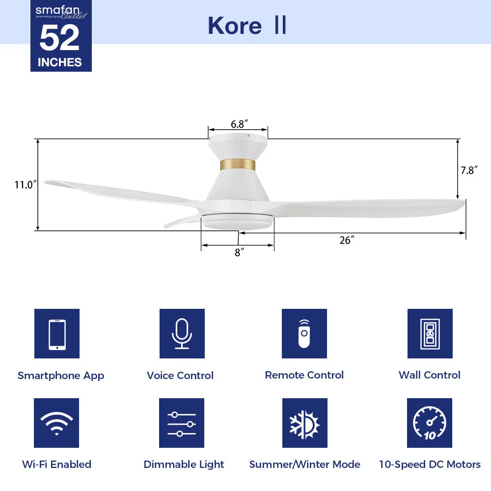 Kore Ⅱ Low Profile Smart Fan with LED light and Remote 52 Inch