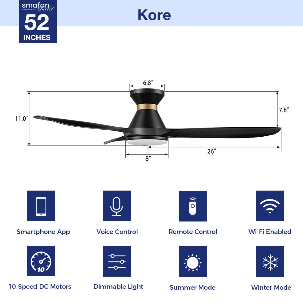 Kore Low Profile Smart Fan with LED light and Remote 52 Inch