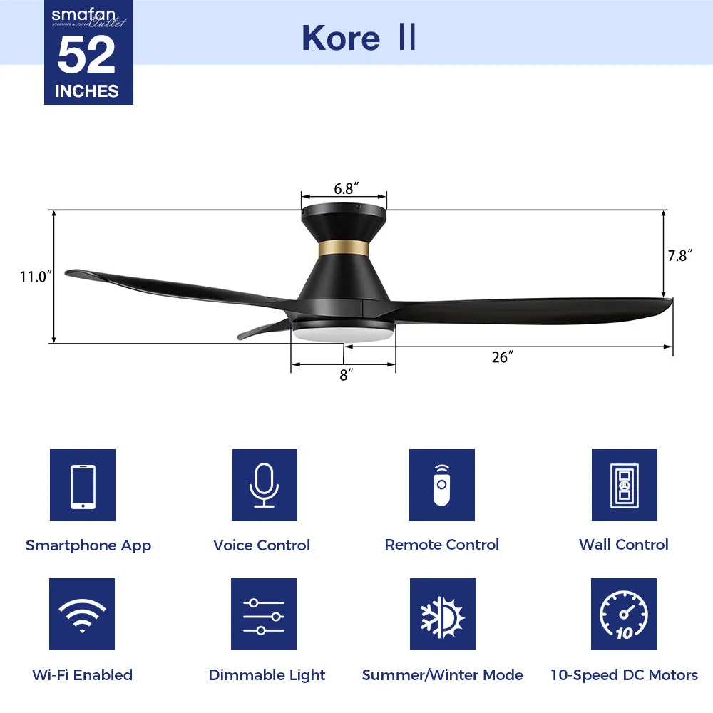 Kore Ⅱ Low Profile Smart Fan with LED light and Remote 52 Inch