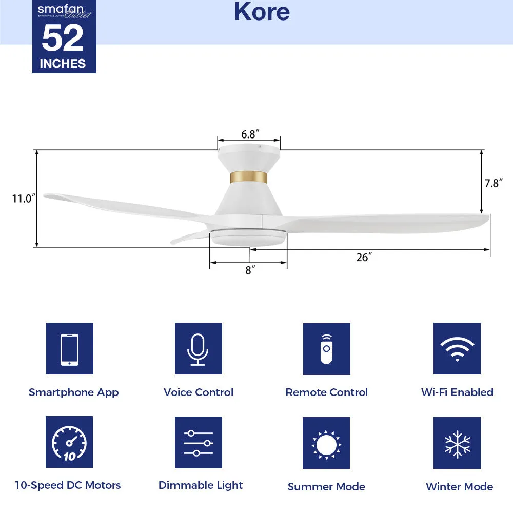 Kore Low Profile Smart Fan with LED light and Remote 52 Inch