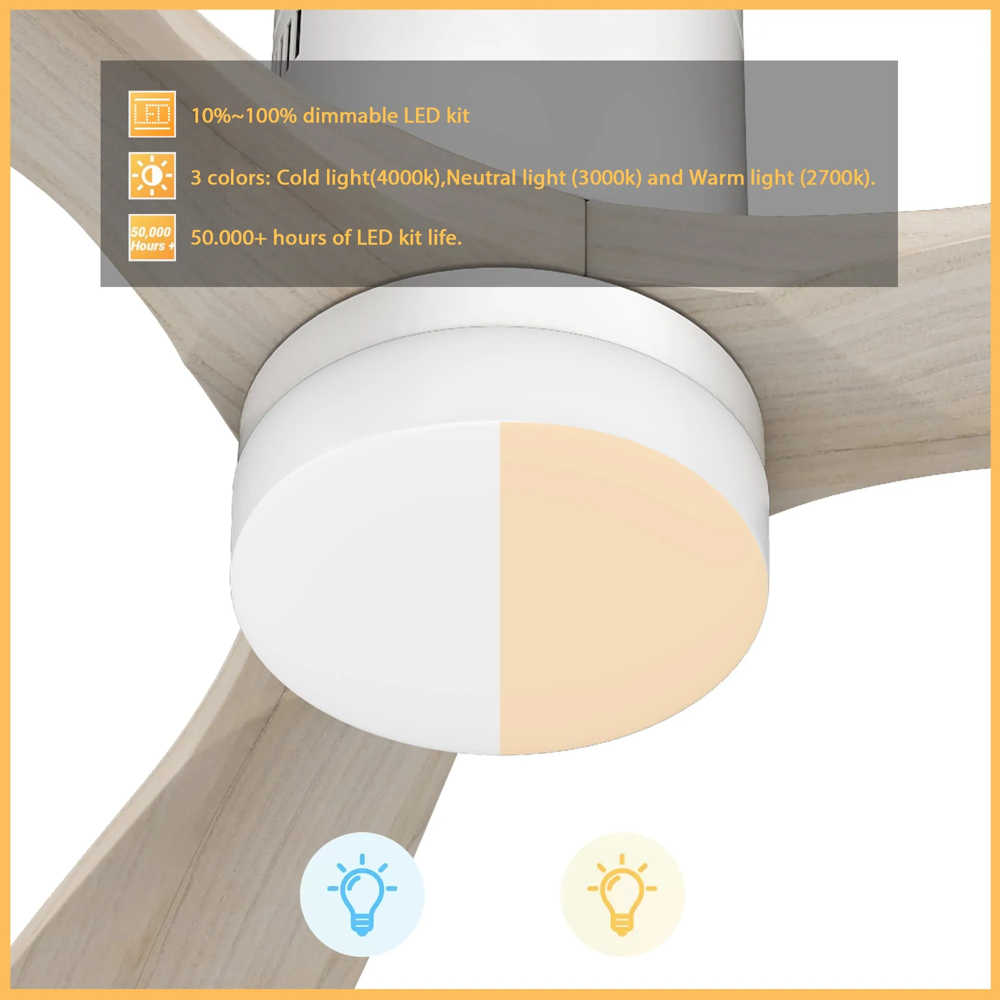 LABELLE 52 inch 3-Blade Flush Mount Smart Ceiling Fan with LED Light Kit & Remote- White/White Oak