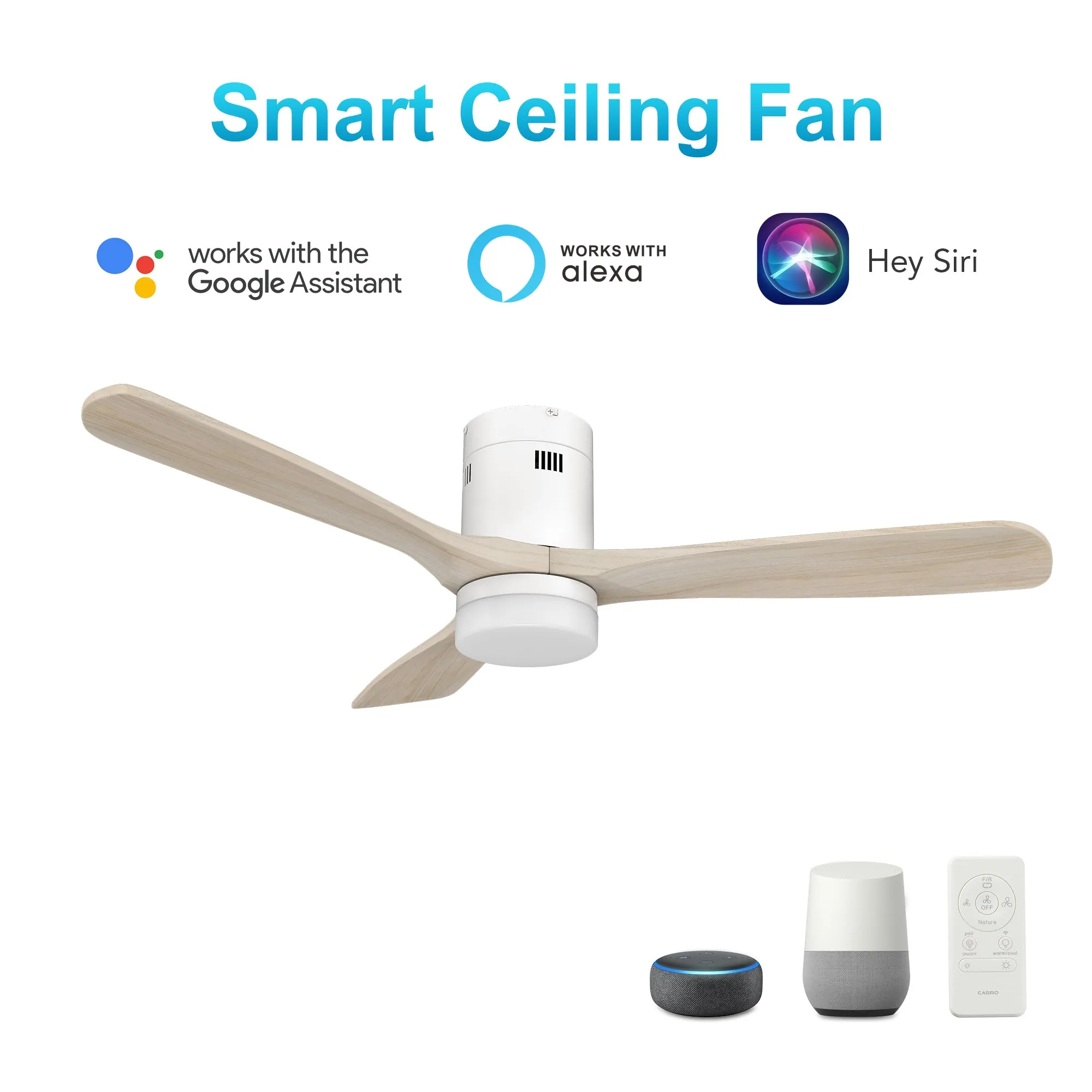 LABELLE 52 inch 3-Blade Flush Mount Smart Ceiling Fan with LED Light Kit & Remote- White/White Oak