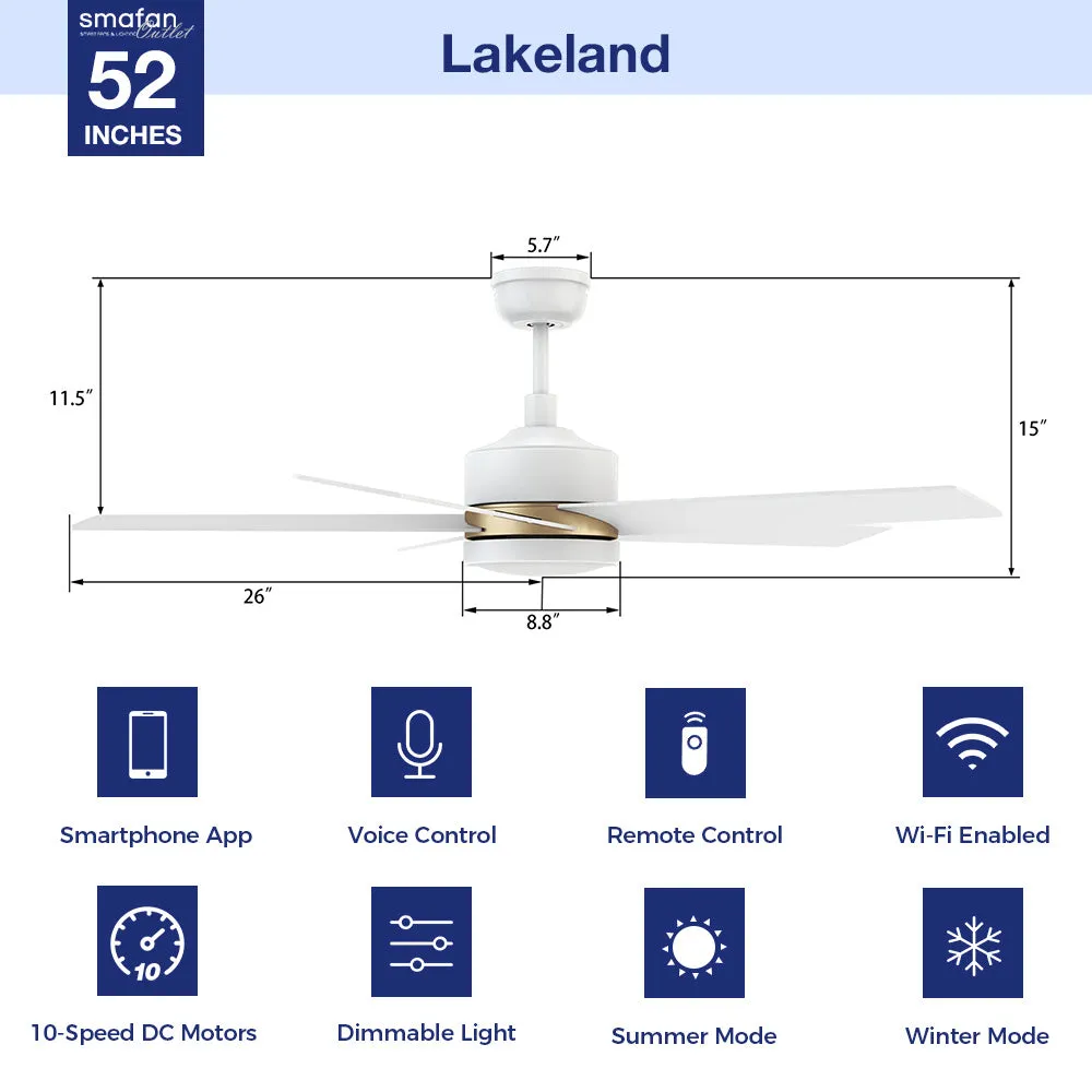 Lakeland Outdoor/Indoor Smart Ceiling Fan with LED Light Remote 52”