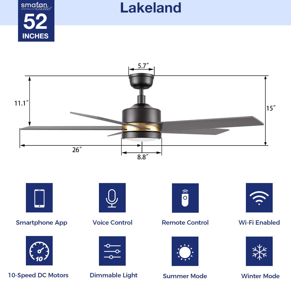 Lakeland Outdoor/Indoor Smart Ceiling Fan with LED Light Remote 52”