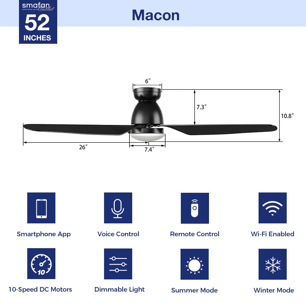 Macon Flush Mount Smart Ceiling Fan with LED Light and remote 52 inch
