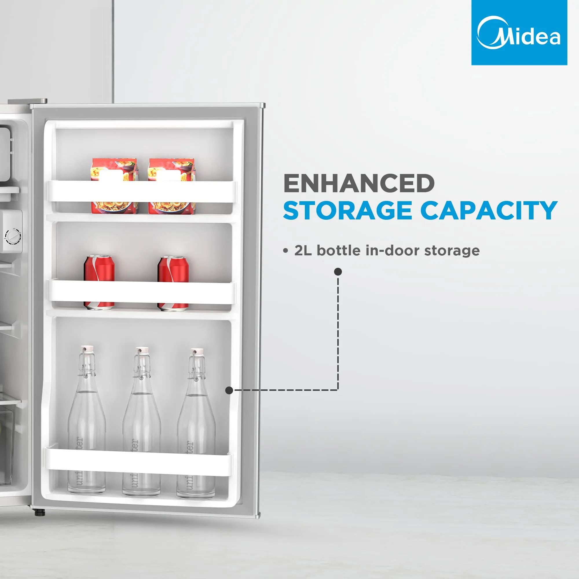 Midea 120L Single Door Refrigerator with Separate Chiller Compartment, 2L Bottle Holder, Adjustable Legs, 5 Year Compressor Warranty, Mini Fridge for Kitchen, Bedroom, Office & Bar, MDRD133FGE