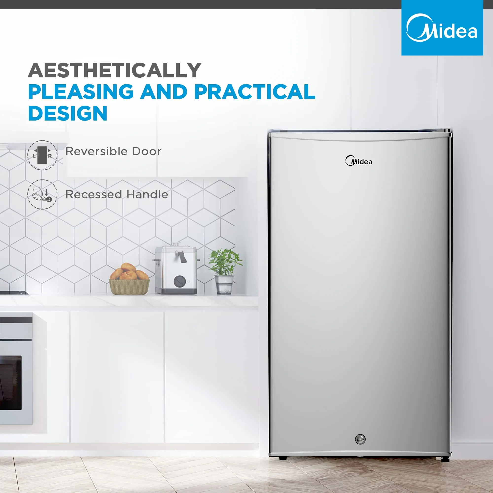 Midea 120L Single Door Refrigerator with Separate Chiller Compartment, 2L Bottle Holder, Adjustable Legs, 5 Year Compressor Warranty, Mini Fridge for Kitchen, Bedroom, Office & Bar, MDRD133FGE