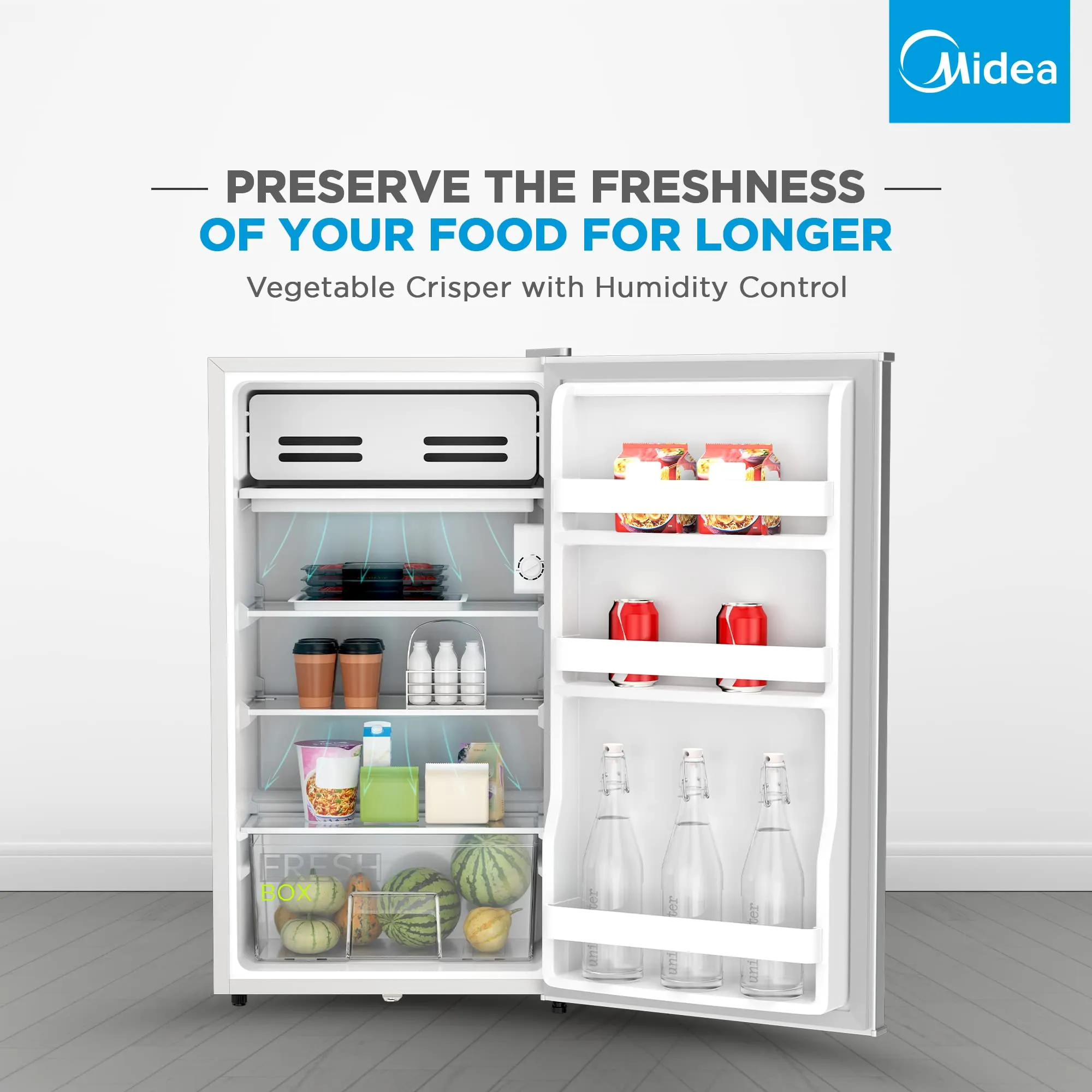 Midea 120L Single Door Refrigerator with Separate Chiller Compartment, 2L Bottle Holder, Adjustable Legs, 5 Year Compressor Warranty, Mini Fridge for Kitchen, Bedroom, Office & Bar, MDRD133FGE