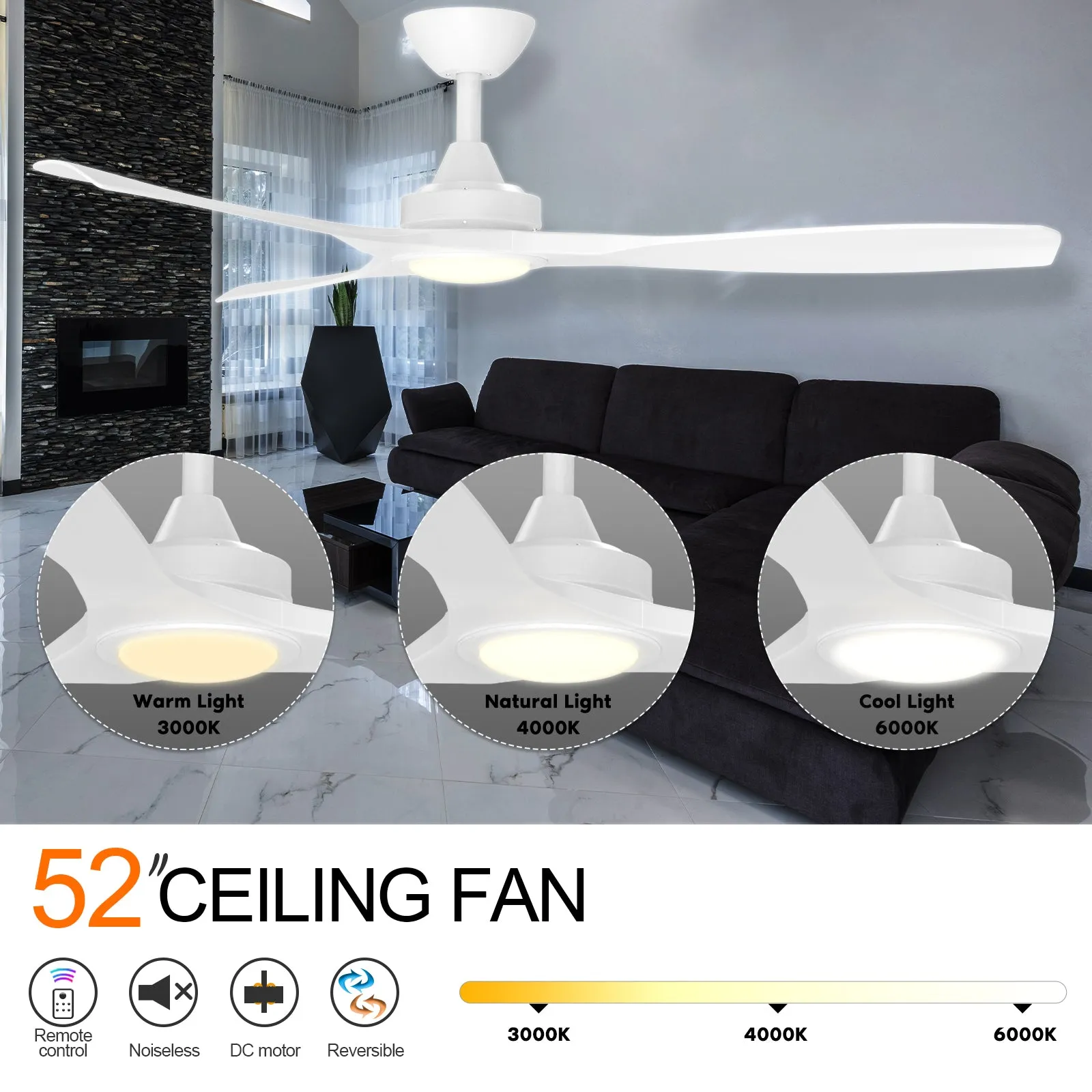 Monterey 52 Inch Modern Ceiling Fan with LED Light Kit Tri-color and Remote Control Matt White