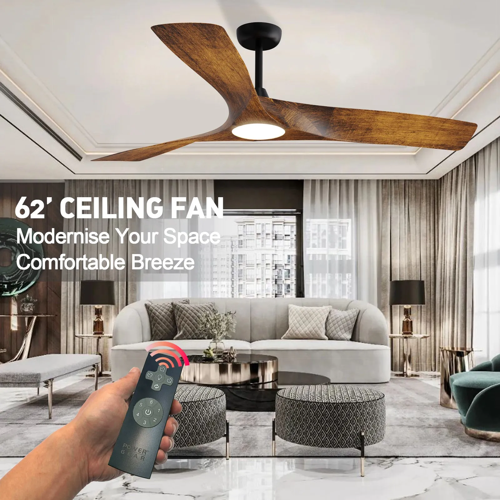 NEWCASTLE 158cm / 62 inch 3 Blade DC Modern Ceiling Fan Walnut in Hand Painted LED Light kit 4000K