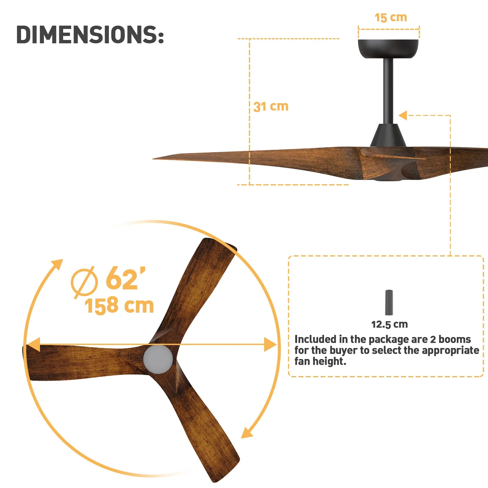NEWCASTLE 158cm / 62 inch 3 Blade DC Modern Ceiling Fan Walnut in Hand Painted LED Light kit 4000K