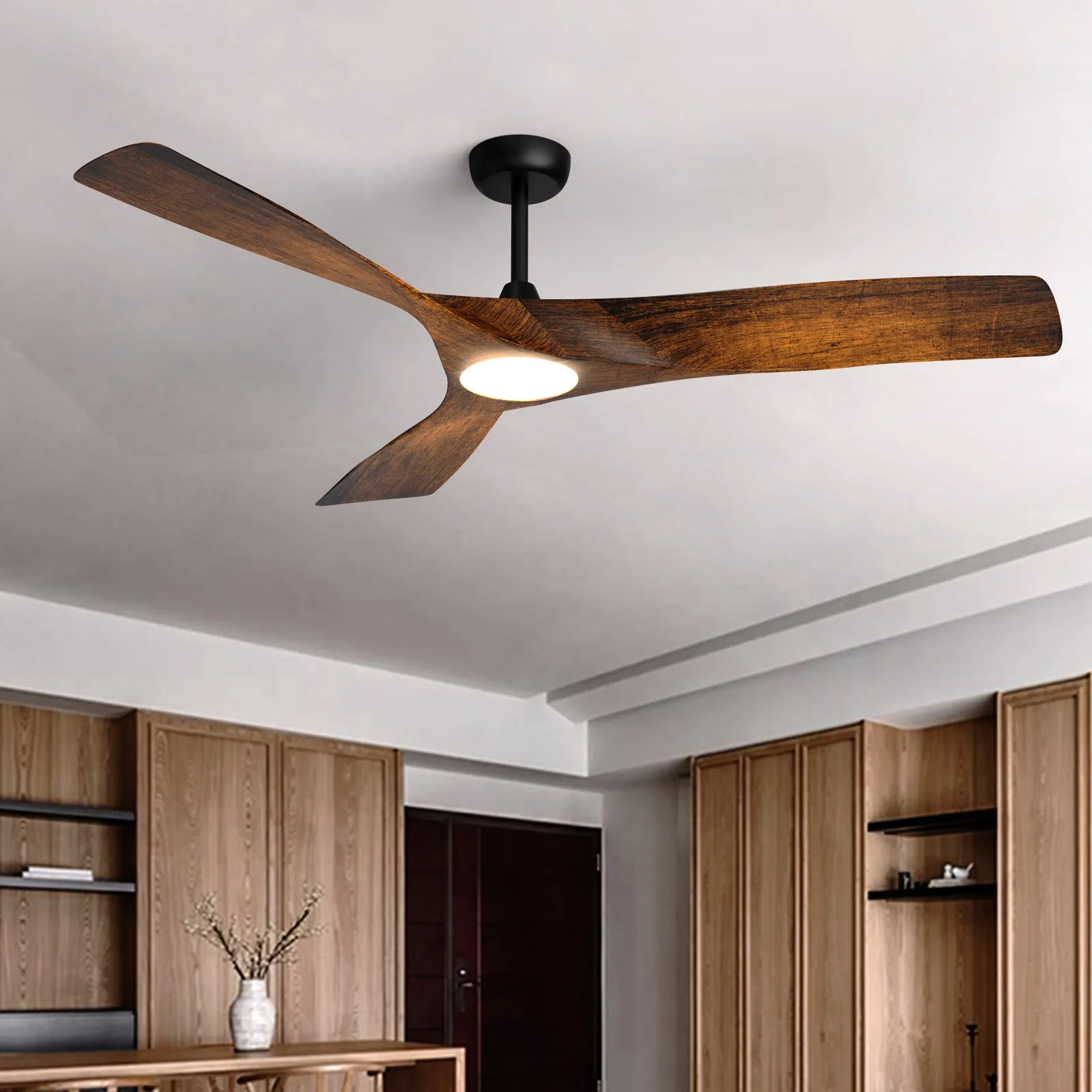 NEWCASTLE 158cm / 62 inch 3 Blade DC Modern Ceiling Fan Walnut in Hand Painted LED Light kit 4000K