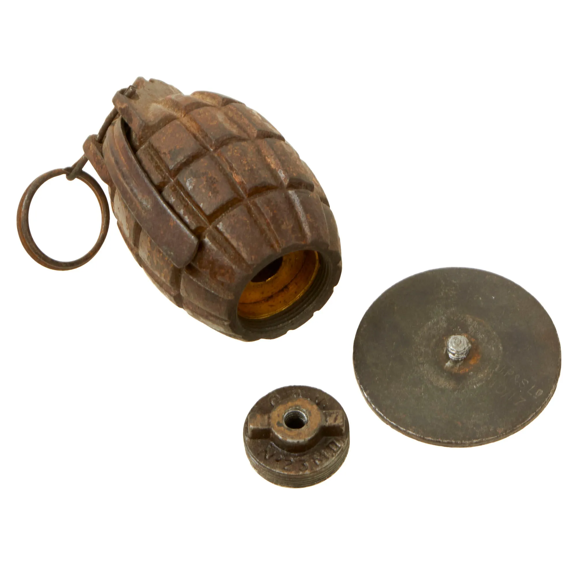 Original British WWI Inert Mills Bomb No. 23 MKII With Cup Discharger Plate - Both Dated 1917
